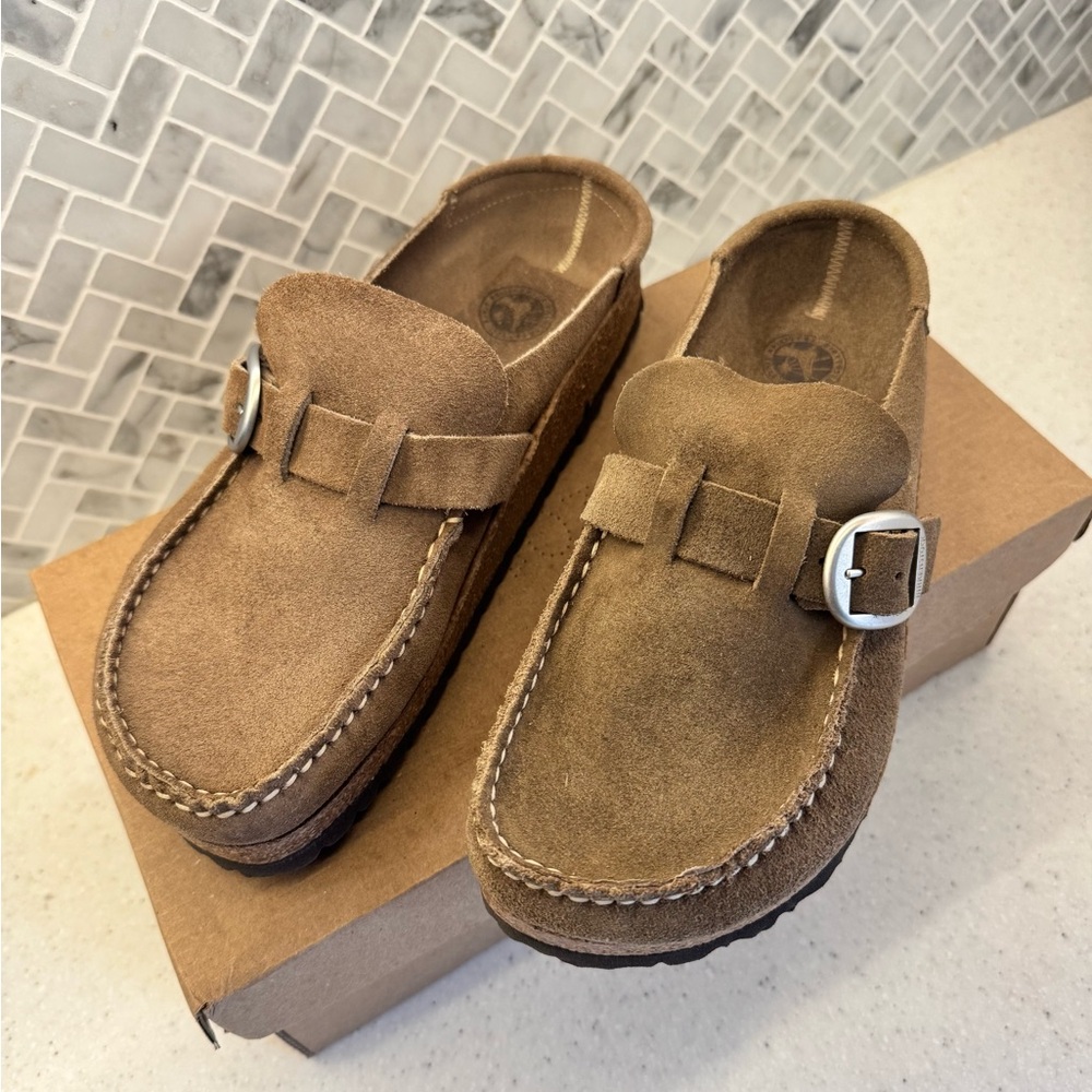 Birkenstock Buckley Taupe Slip-On Loafers with Buckle Detail